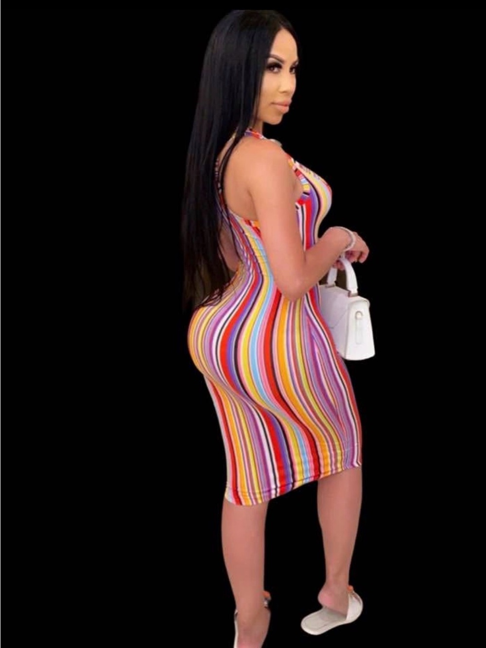 Multicolor Striped Bodycon Mini Dress - Vibrant Rainbow